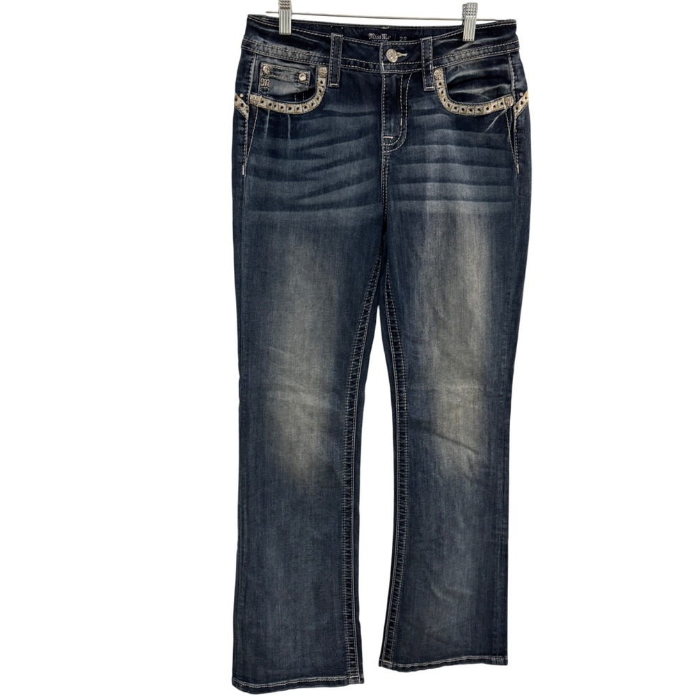 Miss Me Curvy Boot Jeans Womens 28 Blue Mid Rise Embellished Rhinestone Pockets - Picture 5 of 16